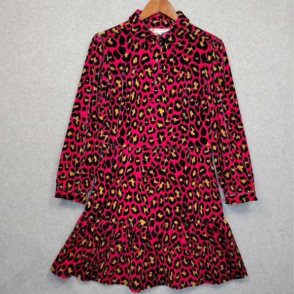 Jude Connally Dresses & Skirts - Jude Connally Pink Leopard Velour Print Long Sleeve Tiered Mini Dress Sz Small